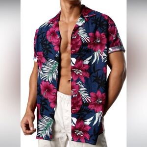 JOGAL Men's Flower Casual Button Down Short Sleeve Hawaiian Shirt XL